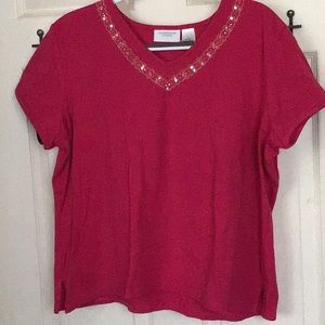 Pink V-neck Liz Claiborne shirt short sleeves with sequin embellishment